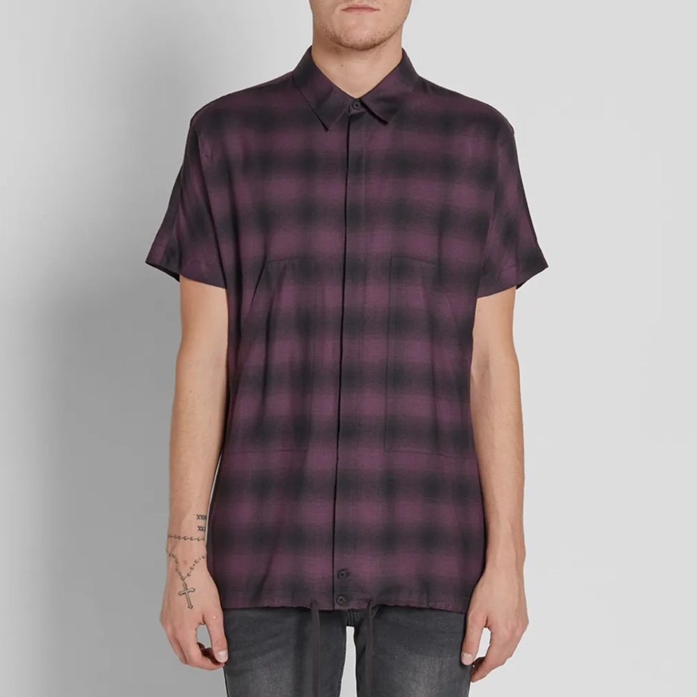 A Helmut Lang Purple and Black Plaid Short Sleeve Button-Down Shirt